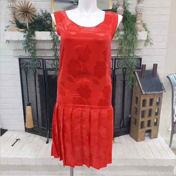 80s Red Jacquard Mod 2 Pc Dress And Jacket Women's Sz L Vintage Pleated Detail - Picture 7 of 8